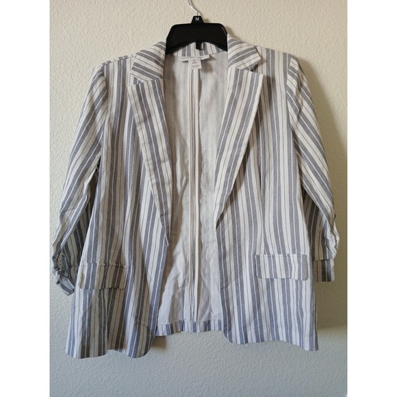 Carole Wren Women's Size Medium Blue White Striped Linen Blend Blazer Jacket - Picture 1 of 15